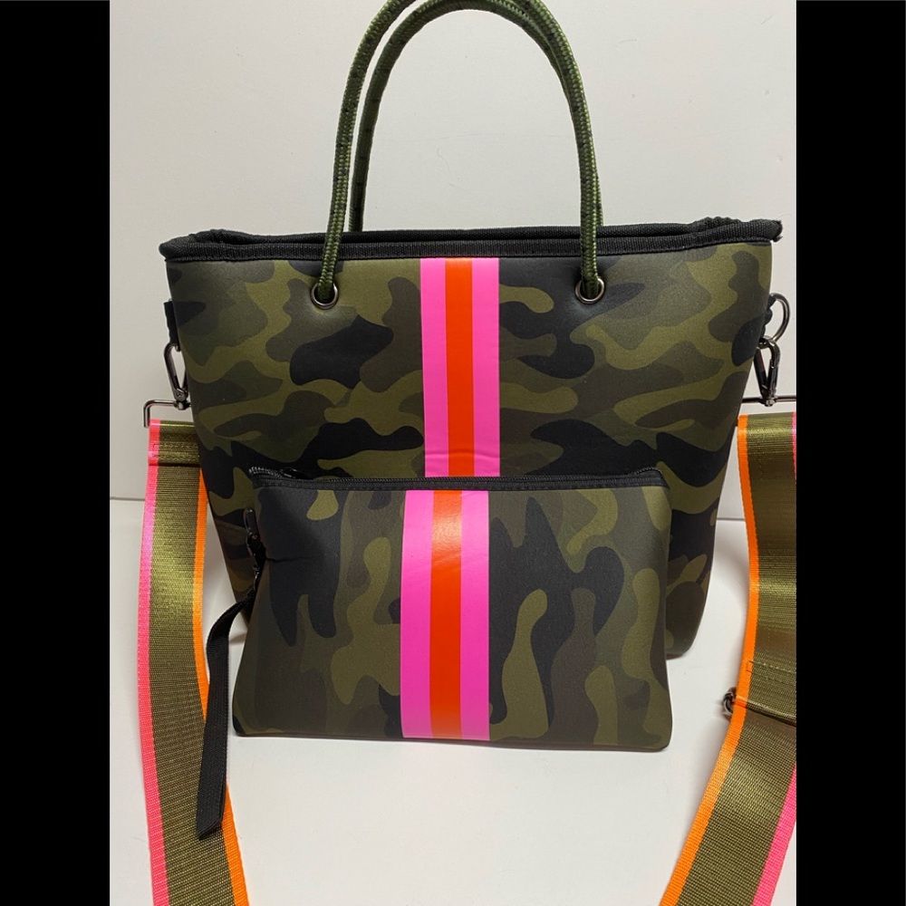 Camo Tote & Matching Wristlet With Pink & Orange Stripe